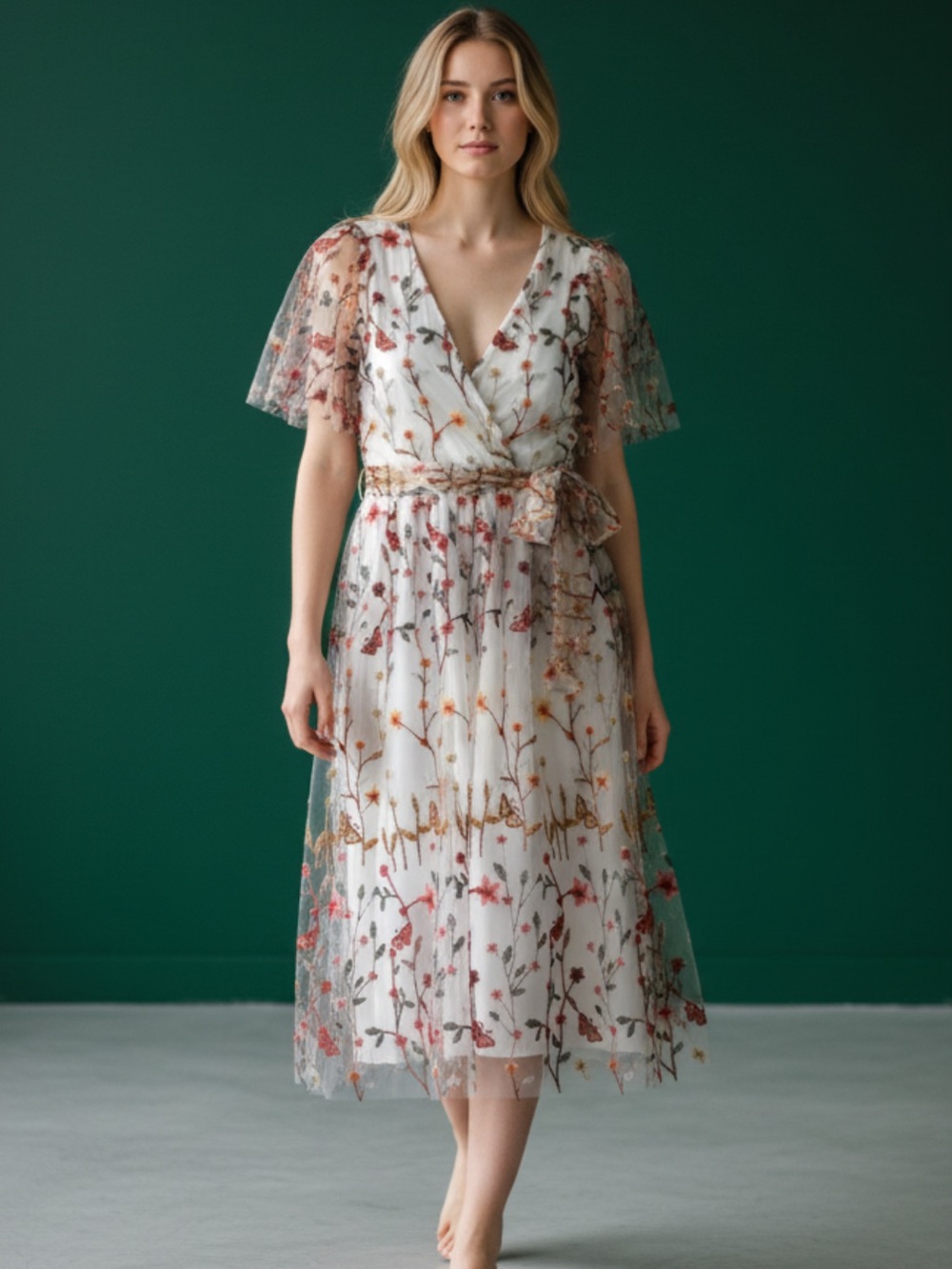 Baltic Born White Maxi Dress with Orange, Pink & Green Floral Embroidery size M